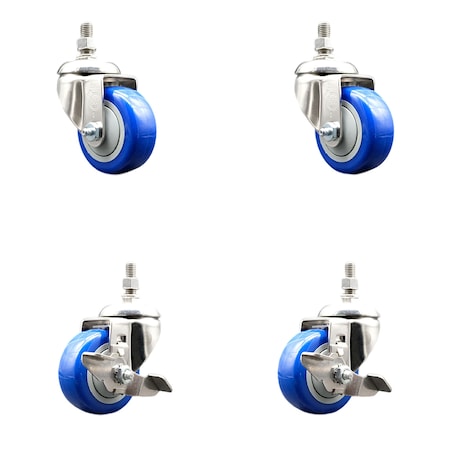 3.5 Inch 316SS Blue Polyurethane Swivel 10mm Stem Caster Brake SCC, 2PK